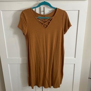 Knee length dress old gold with navy stripes